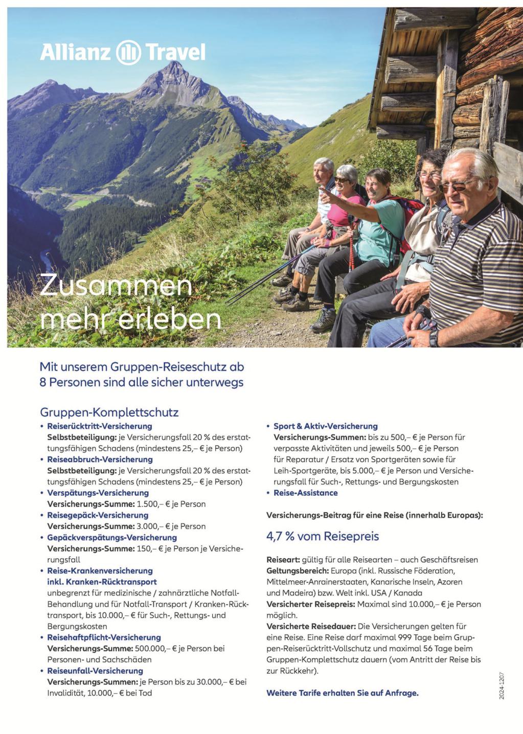 Werbung für Allianz Travel Gruppen-Reiseschutz.  Allianz Travel, Reiseversicherung, Natur, Urlaub, Sicherheit, Reiseschutz.