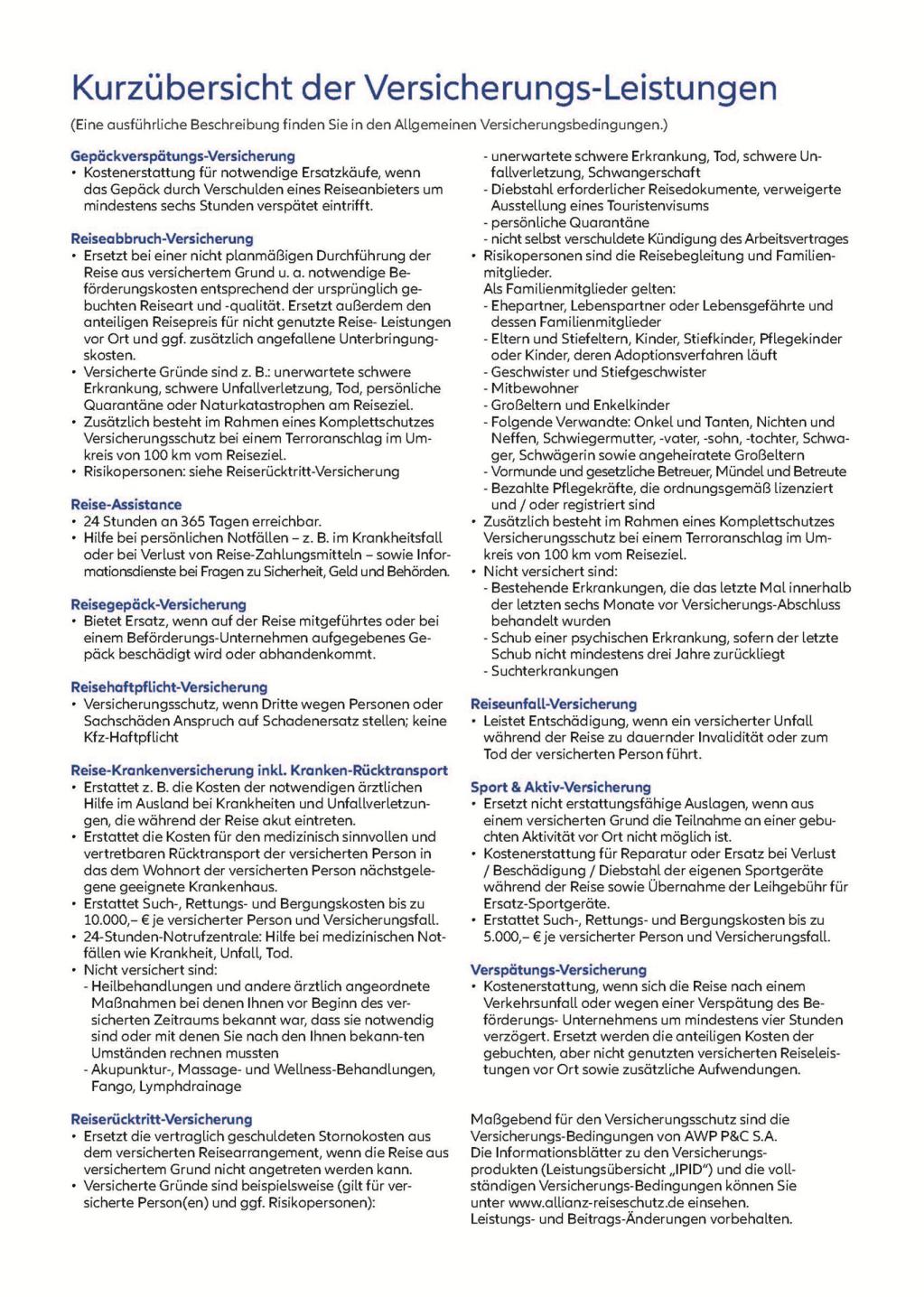 Flyer mit einer detaillierten Kurzübersicht der Allianz-Versicherungsleistungen für Gruppenreisen,  Reiseversicherung, Allianz Travel, Gruppenreisen, Versicherungsleistungen,