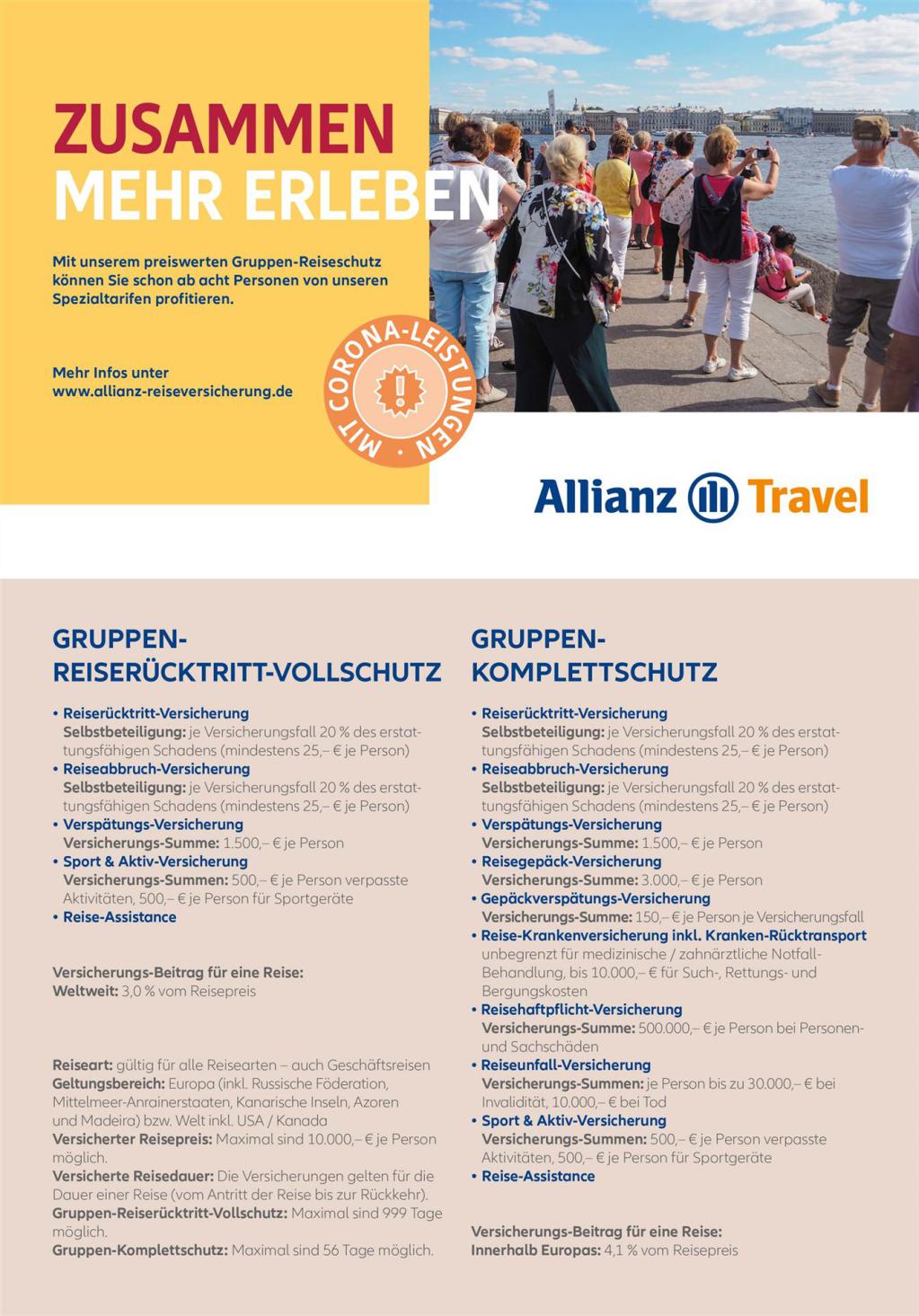 Ein Allianz Travel-Flyer bewirbt den Gruppen-Reiseschutz mit Corona-Leistungen Gruppenreise, Allianz Travel, Reiseversicherung, Reiseschutz, Corona-Leistungen, Urlaub,