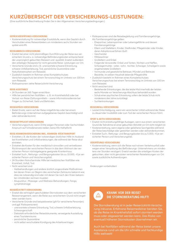 Der Allianz-Flyer bietet eine detaillierte Kurzübersicht über die wichtigsten Versicherungsleistungen Allianz Travel, Reiseversicherung, Gruppenreise, Reiseschutz, Stornoberatung,