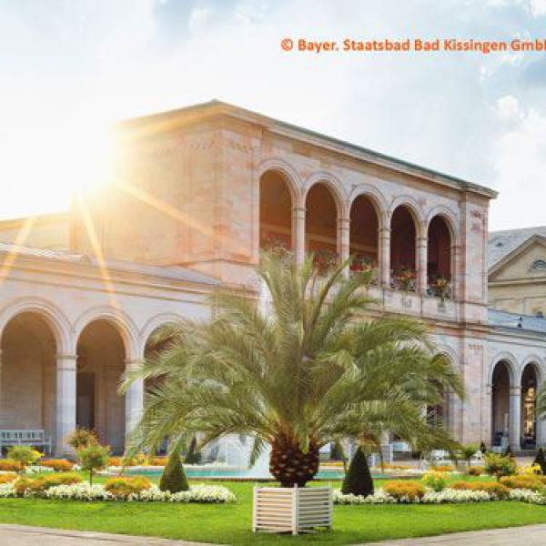 Bad Kissingen, Arkadenbau, Sonnenlicht, historische Architektur, Kurpark, Palmen,