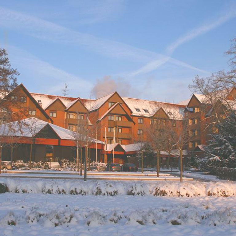 hotel, kurpark, winter, schnee, urlaub, wellness, gebäude, bäume